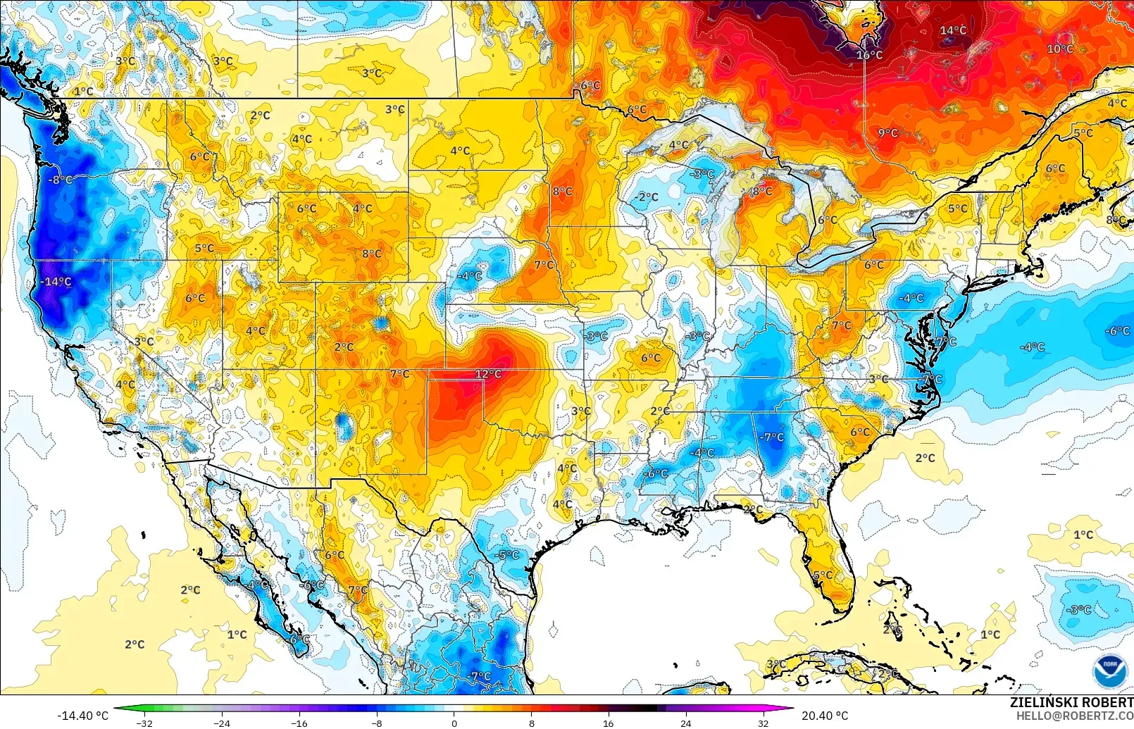 GFS modelo - Estados Unidos, Anomalía de temperatura a 2 m