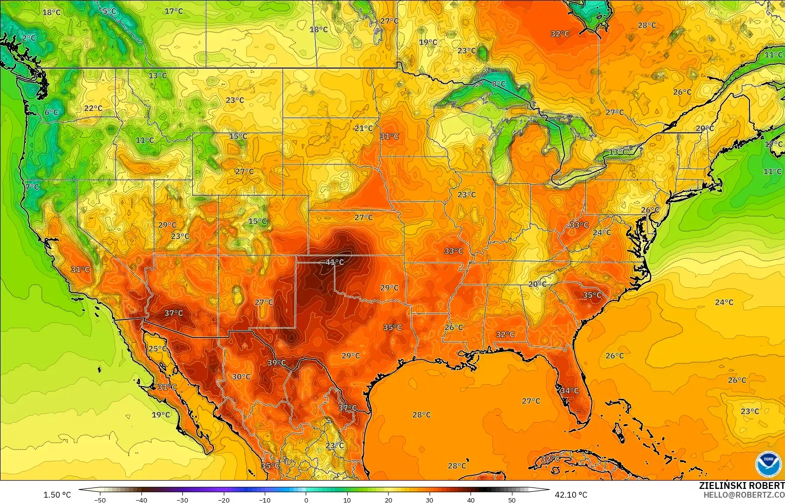GFS modelo - Estados Unidos, Temperatura a 2 m