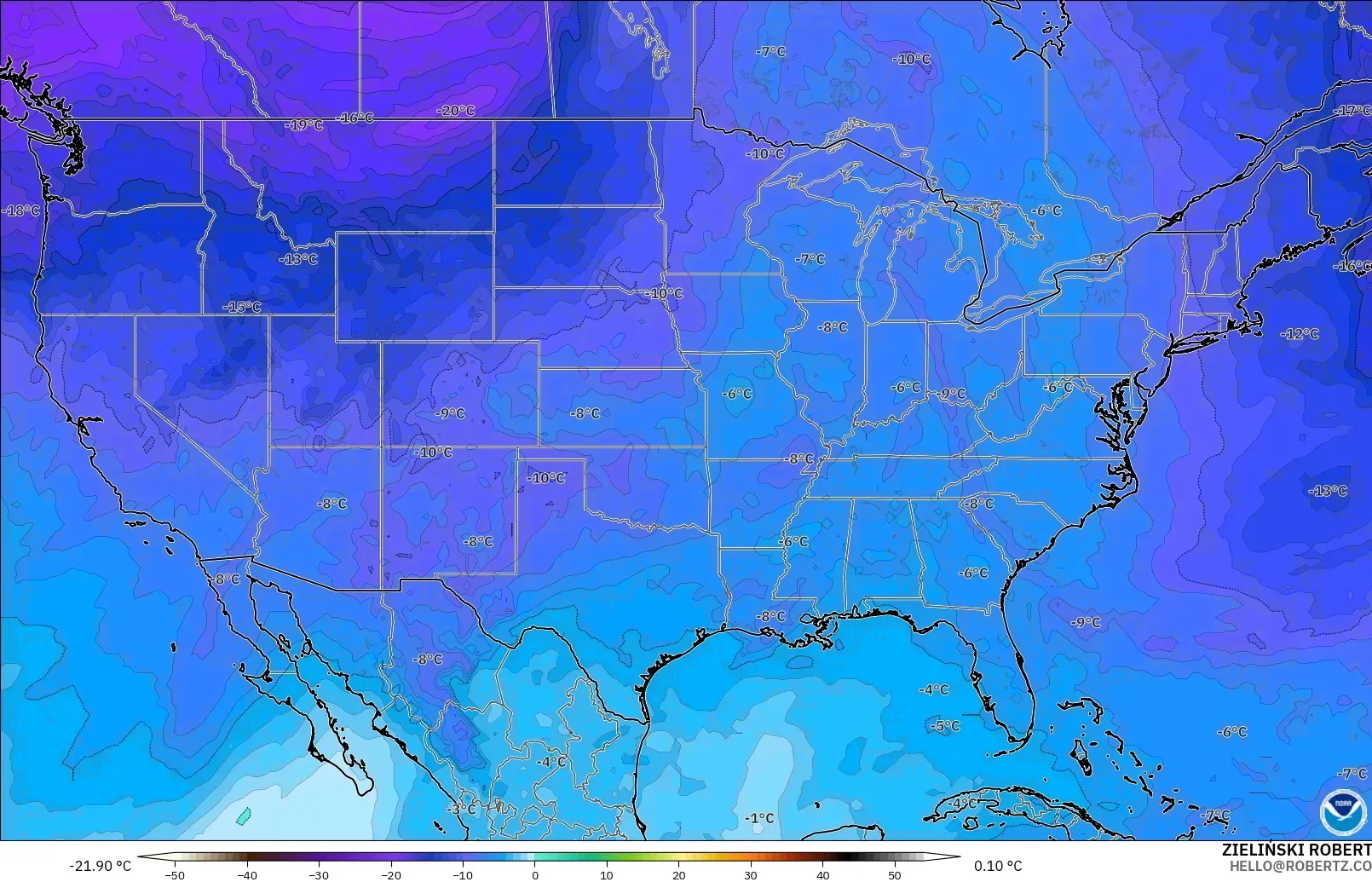 GFS modelo - Estados Unidos, Temperatura a 500 hPa