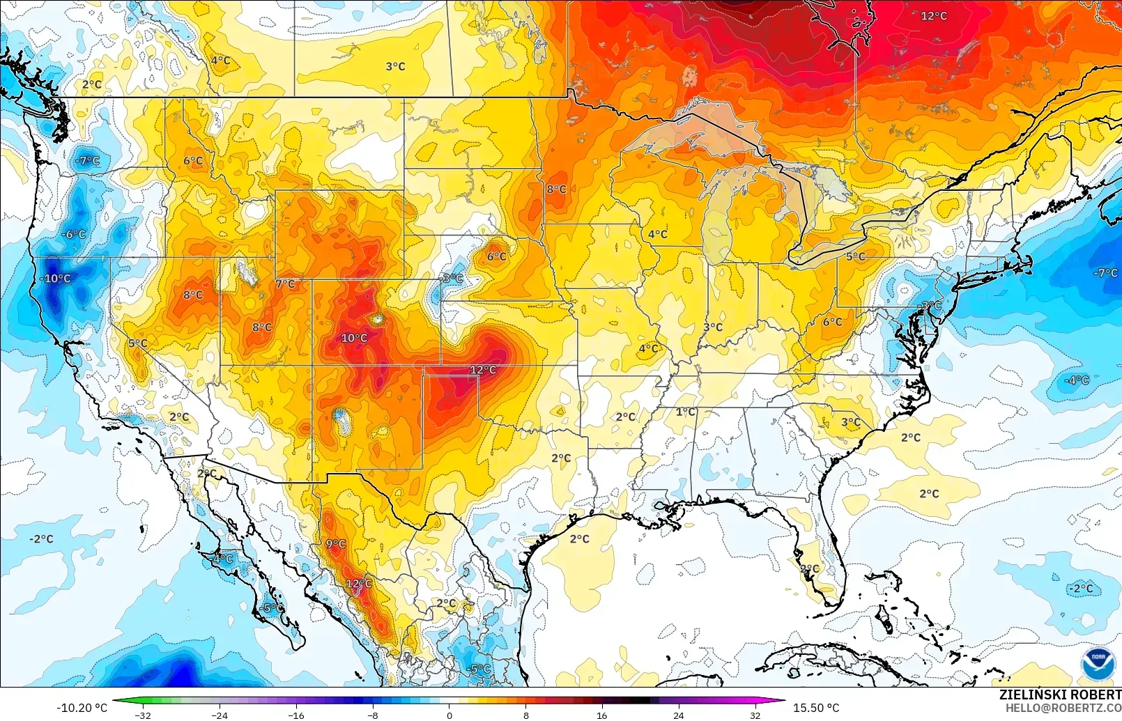 GFS modelo - Estados Unidos, Anomalía de temperatura a 850 hPa