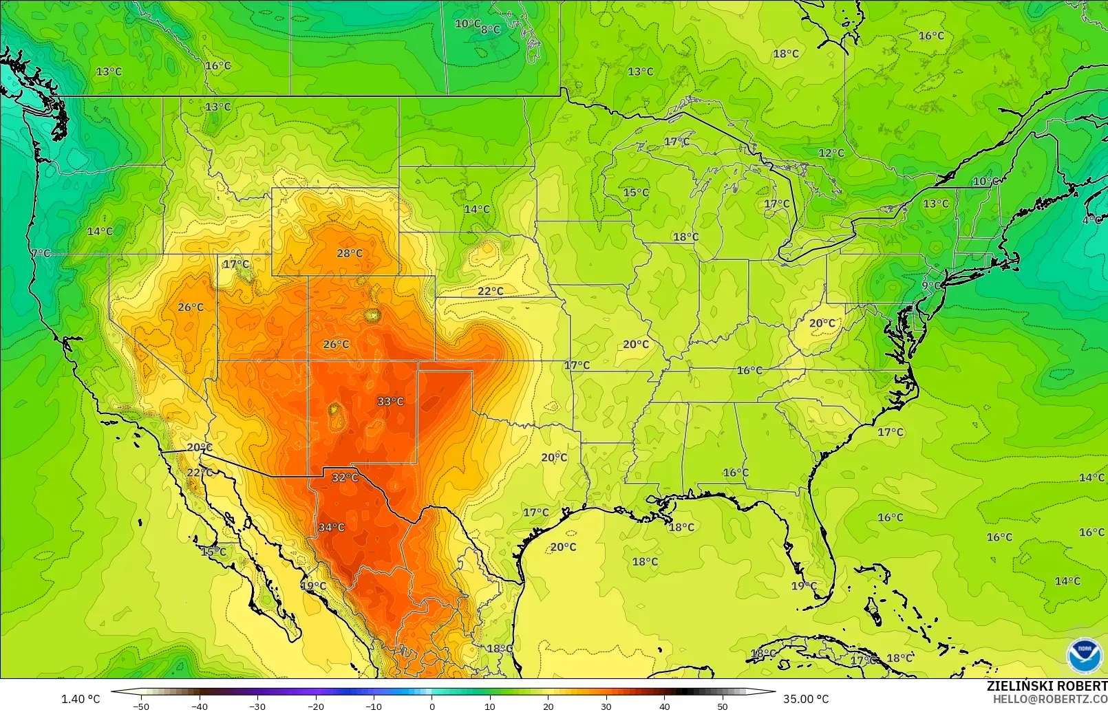 GFS modelo - Estados Unidos, Temperatura a 850 hPa