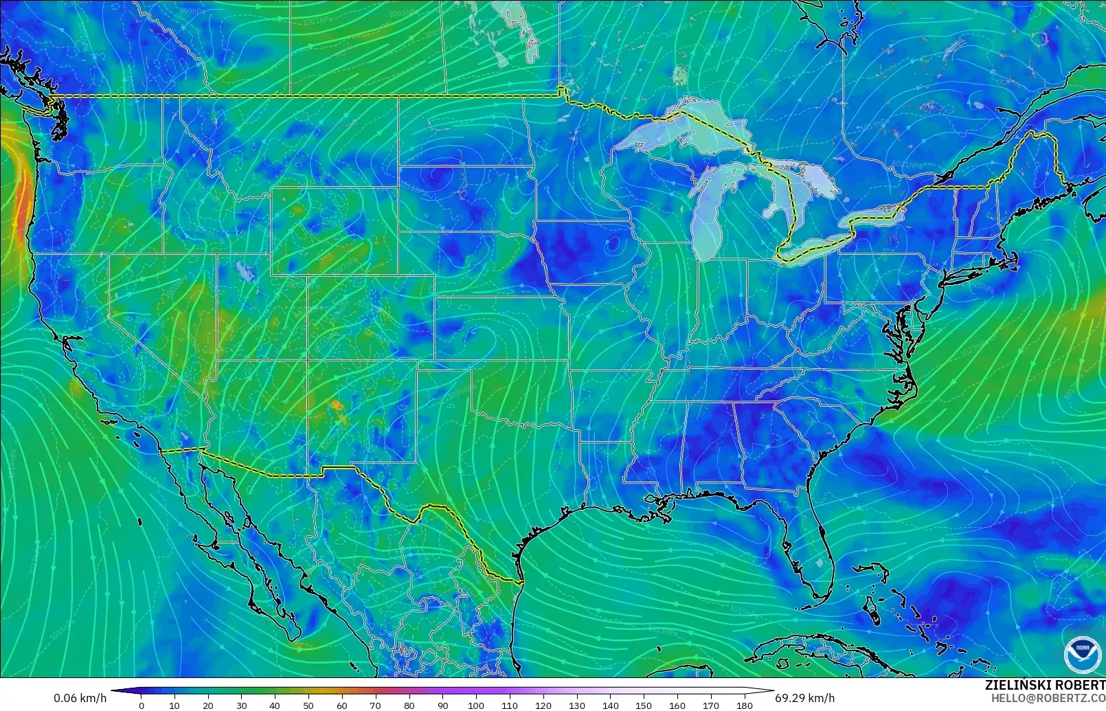 GFS modelo - Estados Unidos, Viento a 10 m