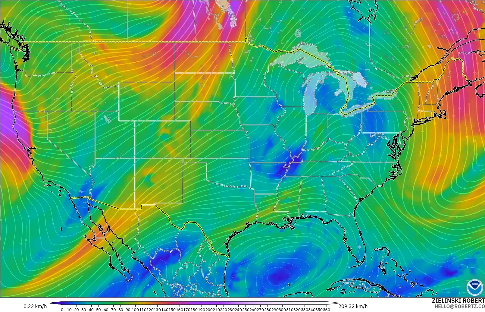 GFS modelo - Estados Unidos, Viento a 300 hPa (corriente en chorro)