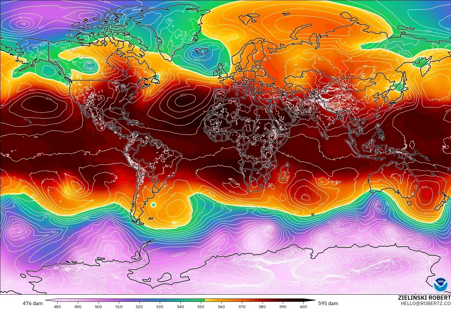 GFS modelo - Mundo, Altura geopotencial a 500 hPa