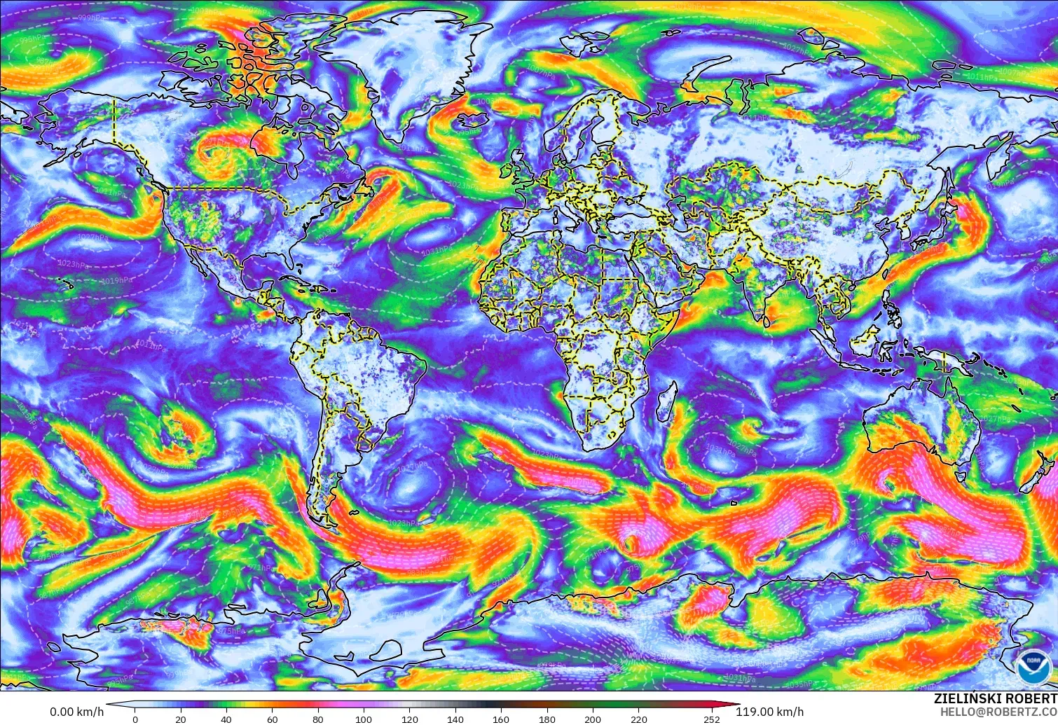 GFS modelo - Mundo, Ráfagas de viento