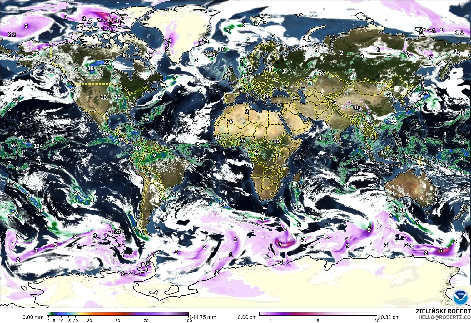 GFS modelo - Mundo, Precipitación, nubes y presión