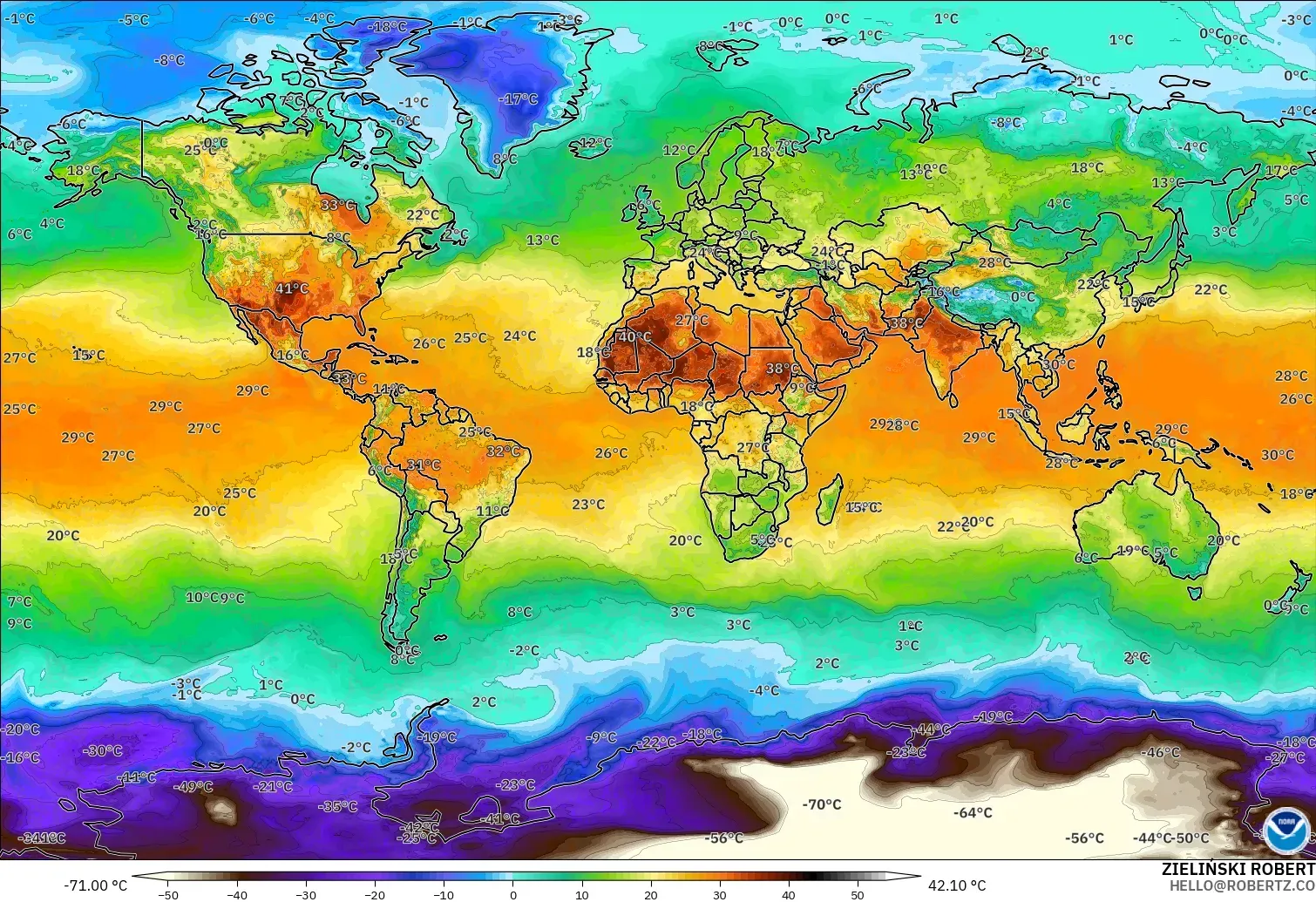 GFS modelo - Mundo, Temperatura a 2 m