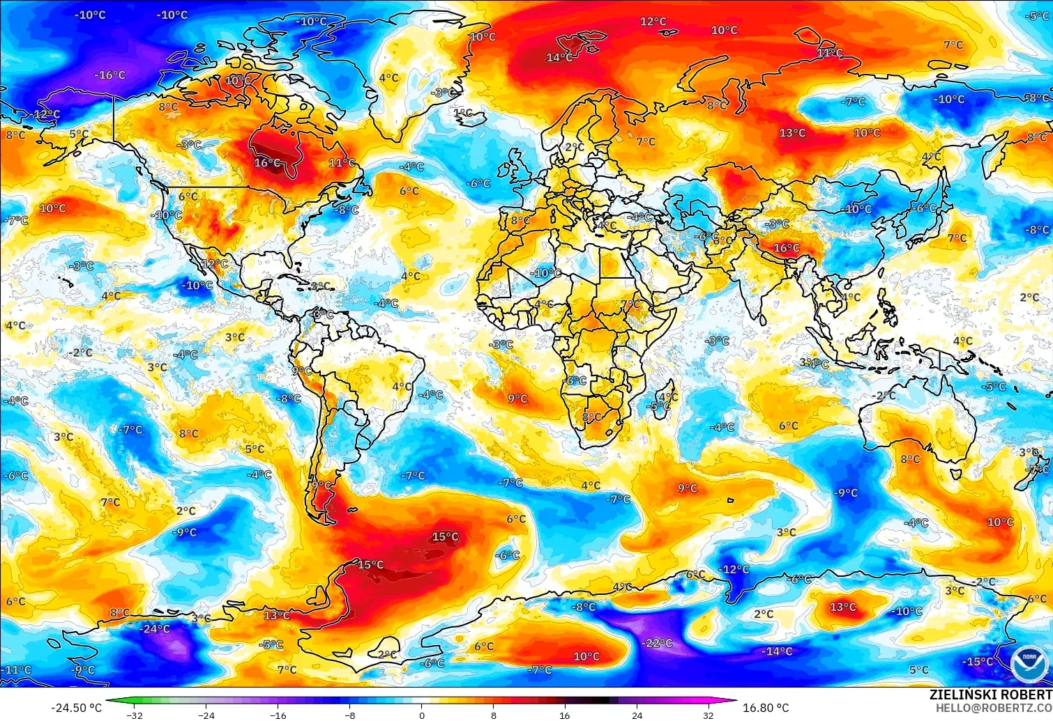 GFS modelo - Mundo, Anomalía de temperatura a 850 hPa