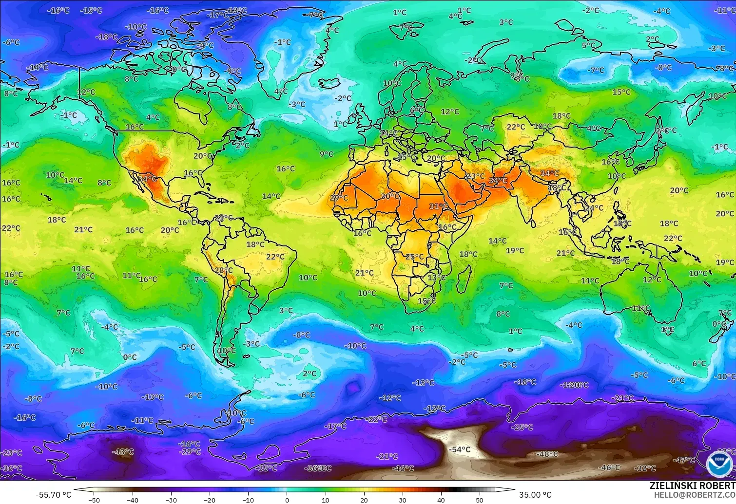 GFS modelo - Mundo, Temperatura a 850 hPa