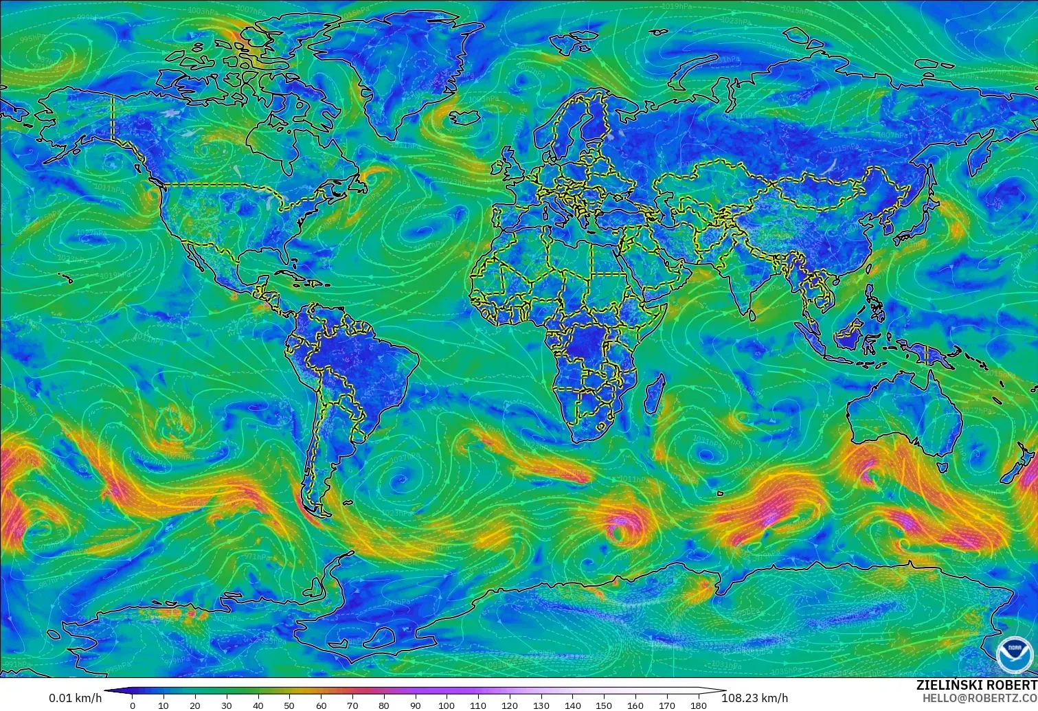 GFS modelo - Mundo, Viento a 10 m