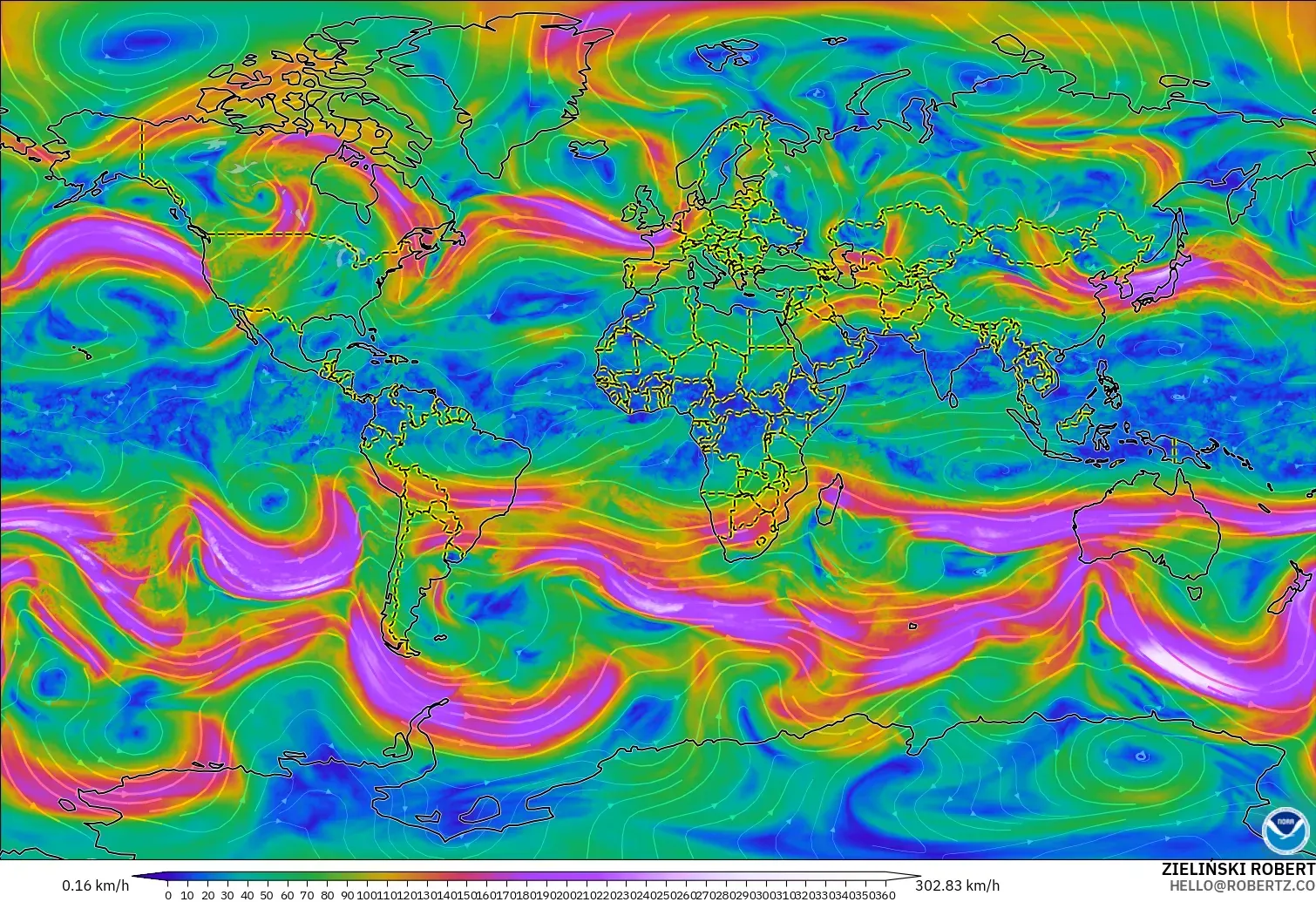 GFS modelo - Mundo, Viento a 300 hPa (corriente en chorro)