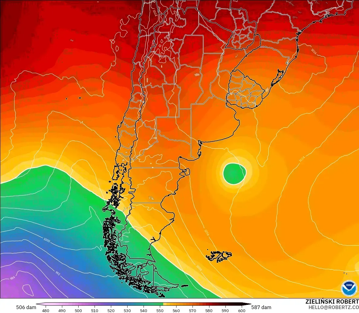 GFS modelo - Argentina, Altura geopotencial a 500 hPa