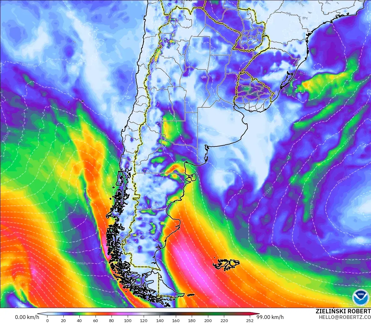 GFS modelo - Argentina, Ráfagas de Viento Máximas