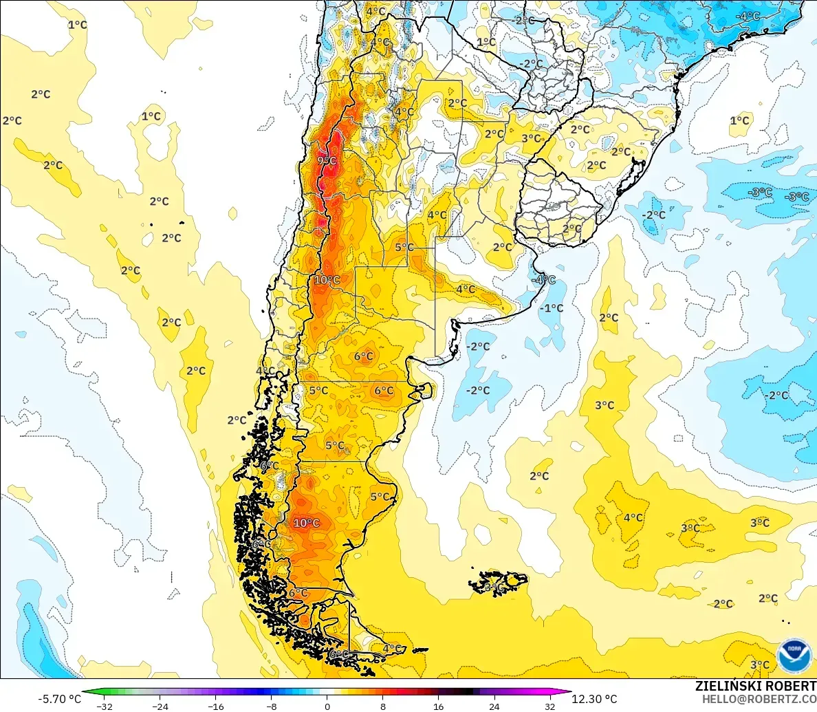GFS modelo - Argentina, Anomalía de temperatura a 2 m