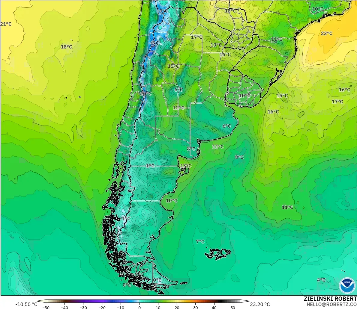 GFS modelo - Argentina, Temperatura a 2 m