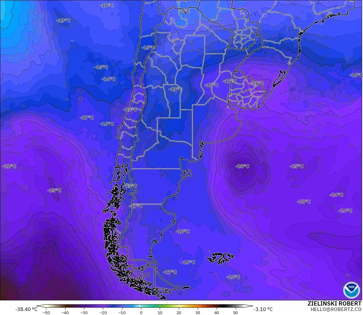 GFS modelo - Argentina, Temperatura a 500 hPa