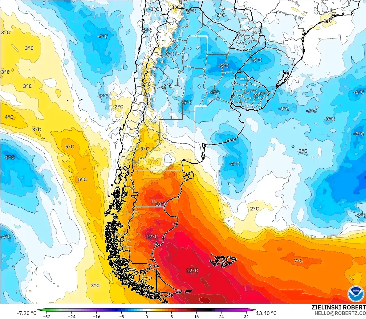 GFS modelo - Argentina, Anomalía de temperatura a 850 hPa