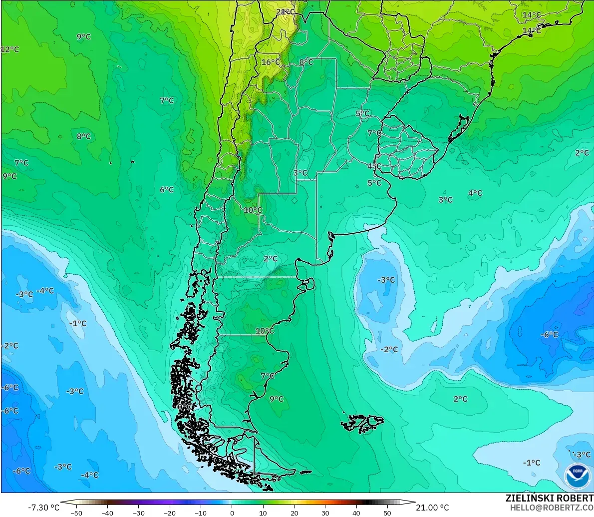 GFS modelo - Argentina, Temperatura a 850 hPa