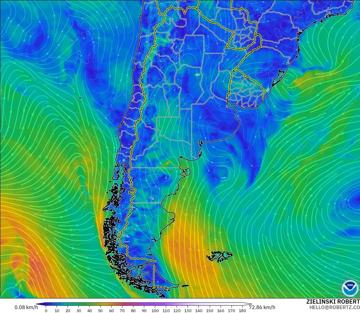GFS modelo - Argentina, Viento a 10 m