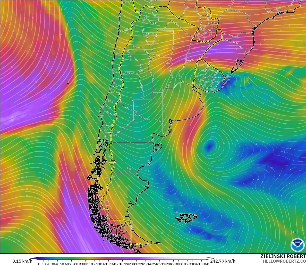 GFS modelo - Argentina, Viento a 300 hPa (corriente en chorro)