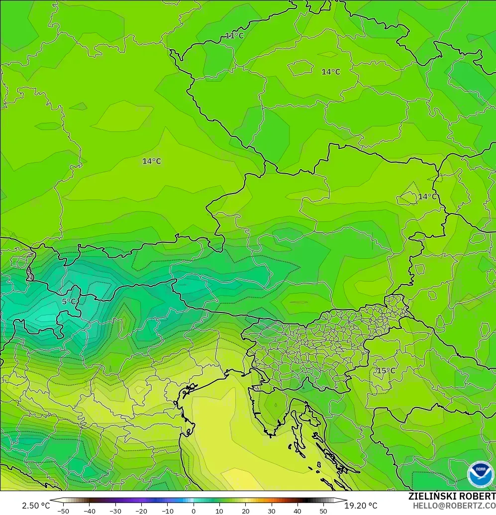 GFS modelo - Austria, Punto de rocío a 2 m