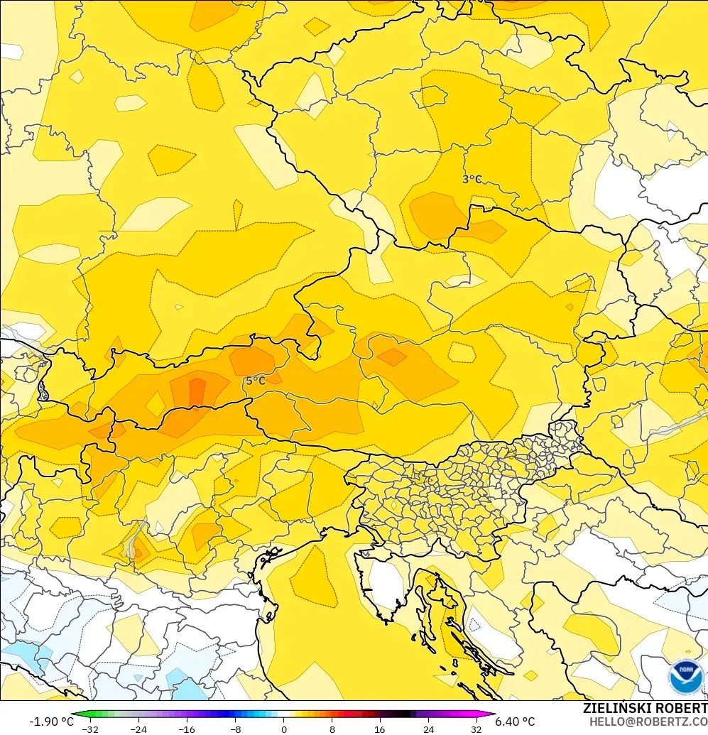 GFS modelo - Austria, Anomalía de temperatura a 2 m