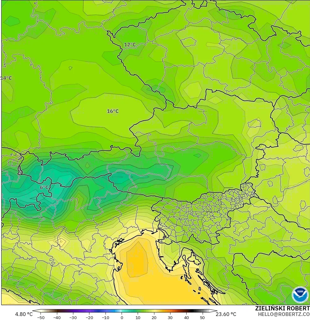 GFS modelo - Austria, Temperatura a 2 m
