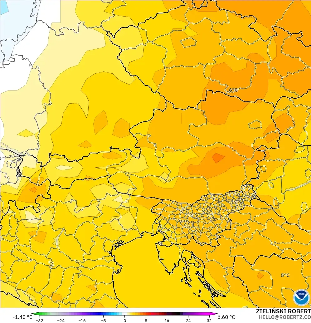 GFS modelo - Austria, Anomalía de temperatura a 850 hPa