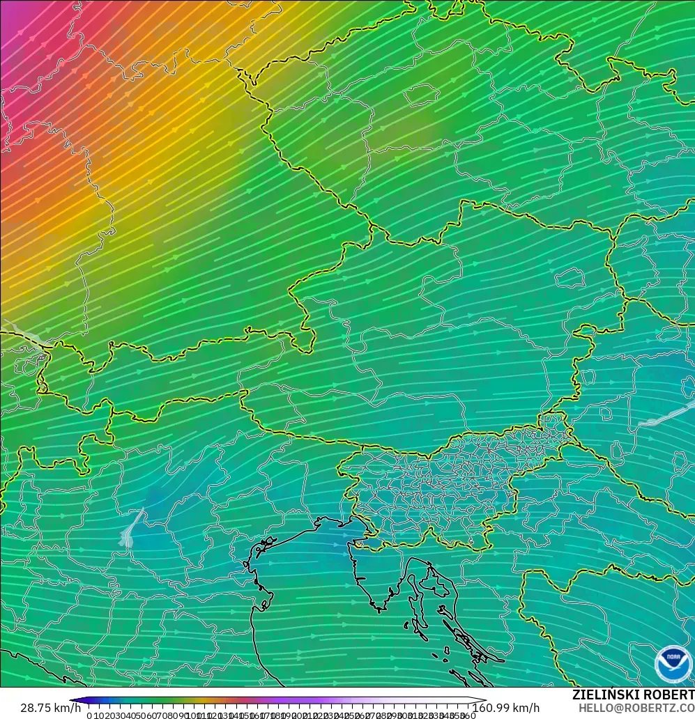 GFS modelo - Austria, Viento a 300 hPa (corriente en chorro)