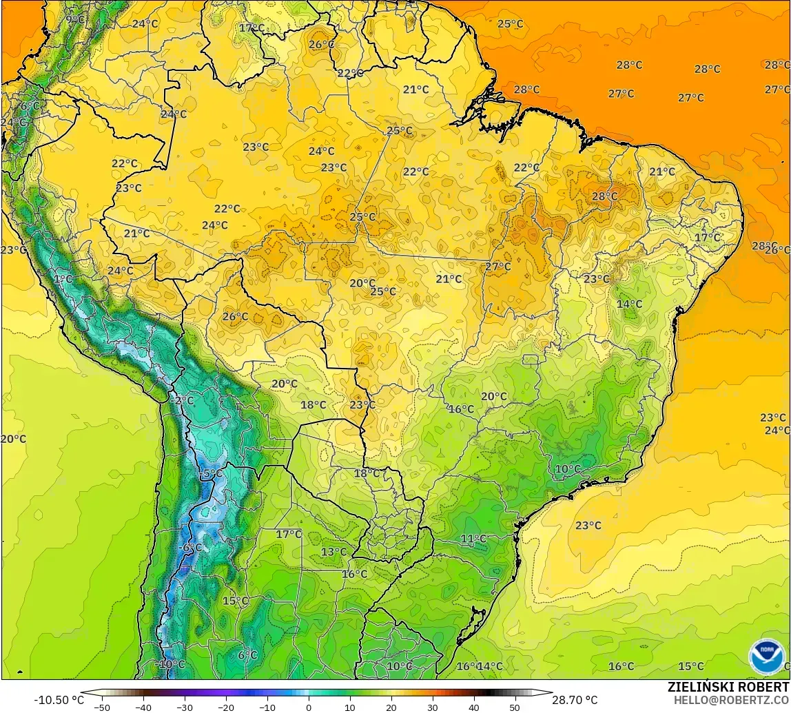 GFS modelo - Brasil, Temperatura a 2 m