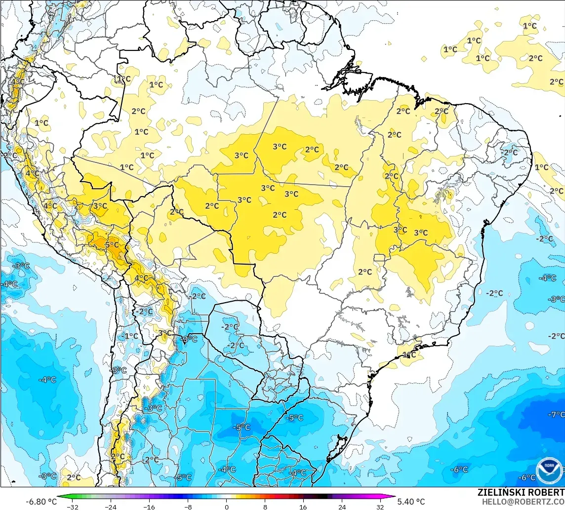 GFS modelo - Brasil, Anomalía de temperatura a 850 hPa