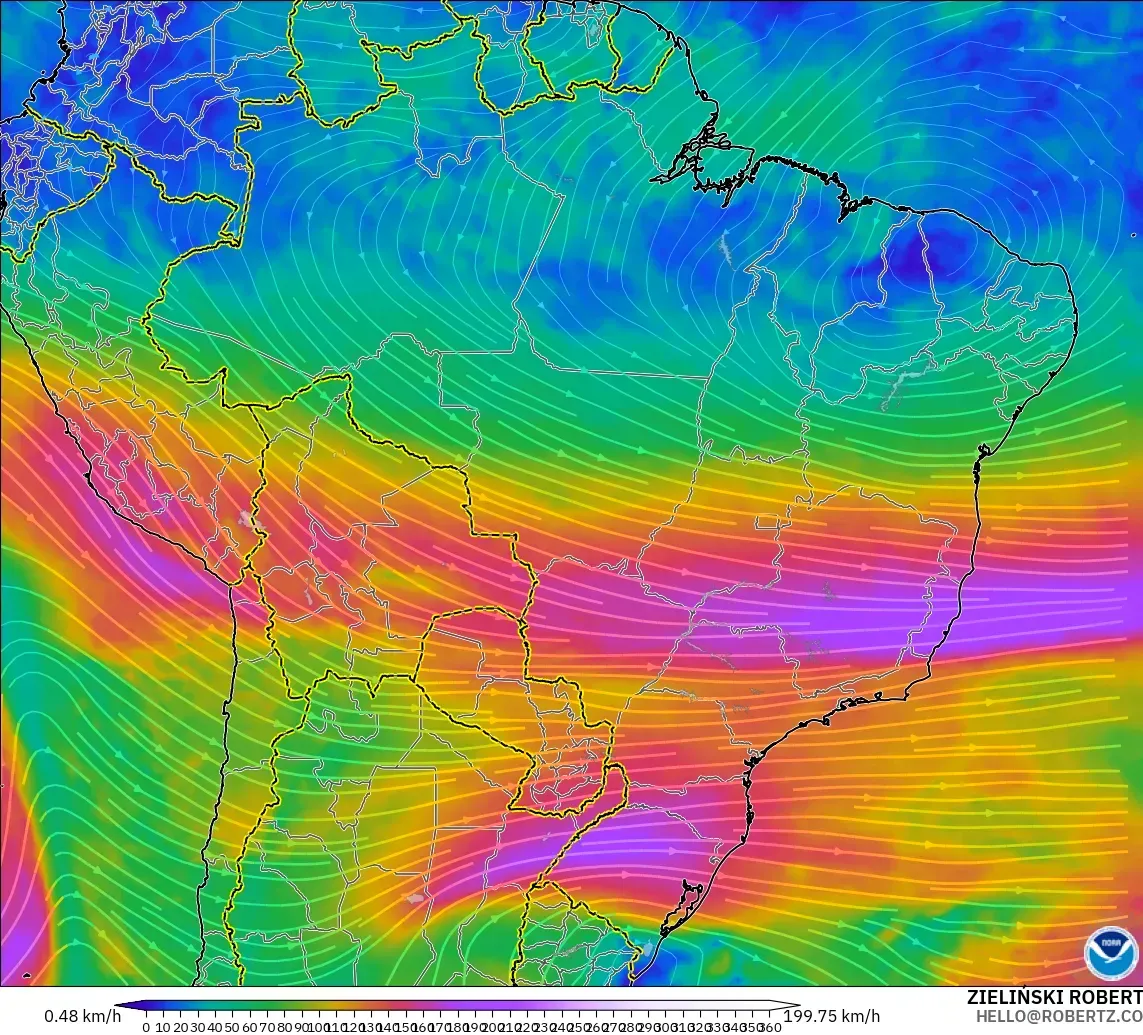 GFS modelo - Brasil, Viento a 300 hPa (corriente en chorro)