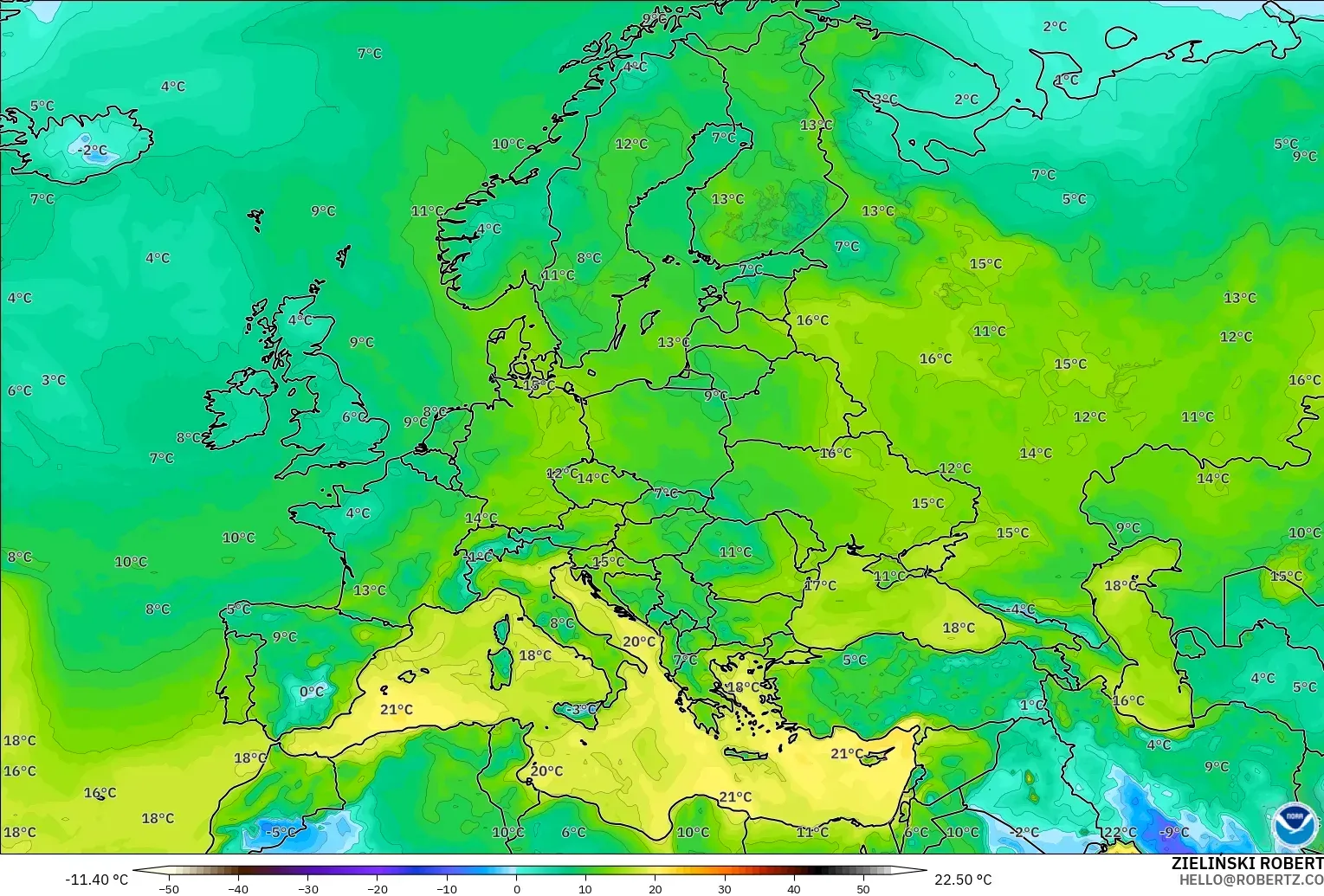 GFS modelo - Europa, Punto de rocío a 2 m