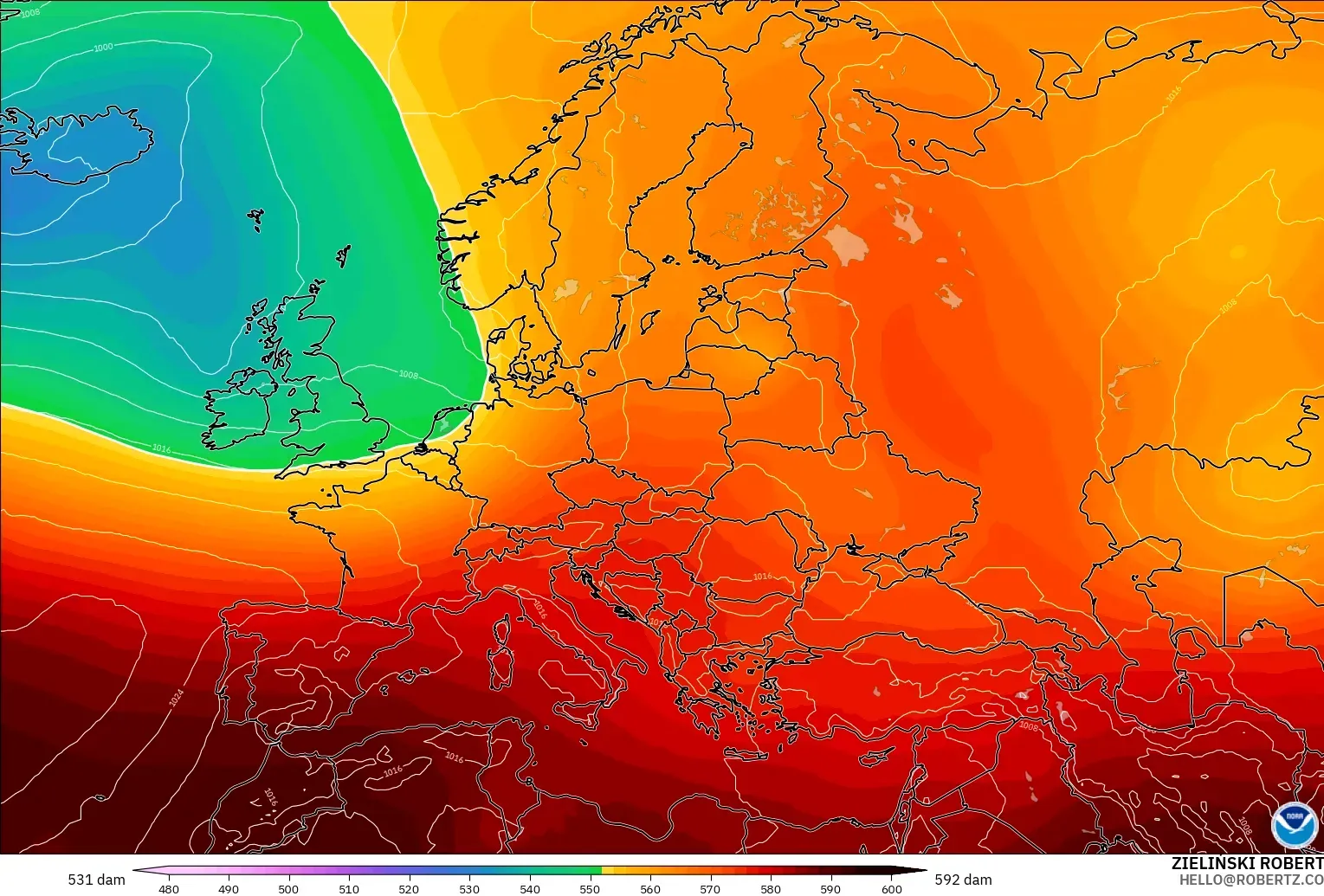 GFS modelo - Europa, Altura geopotencial a 500 hPa