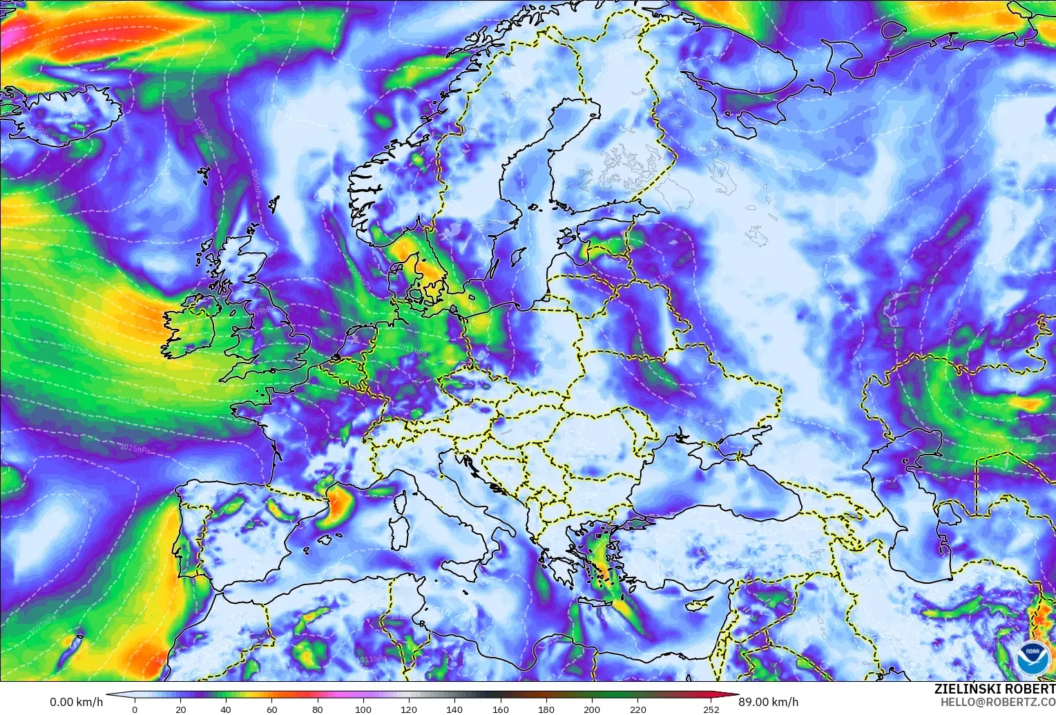 GFS modelo - Europa, Ráfagas de Viento Máximas