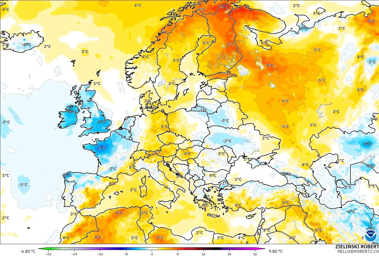 GFS modelo - Europa, Anomalía de temperatura a 2 m