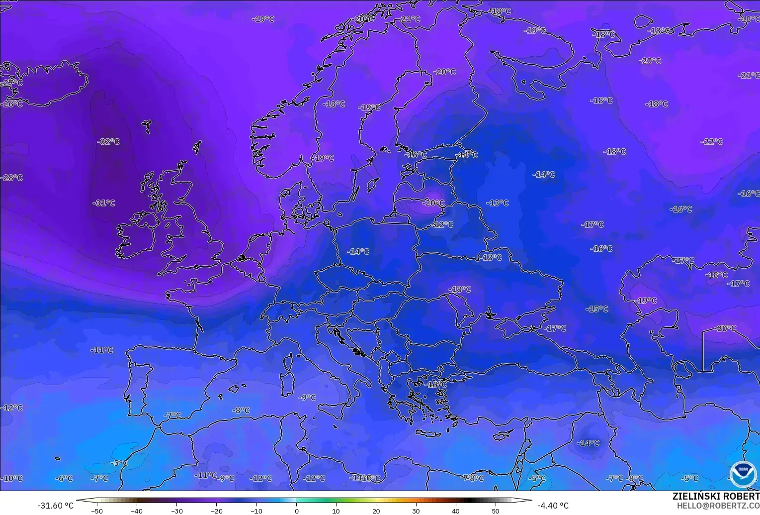 GFS modelo - Europa, Temperatura a 500 hPa