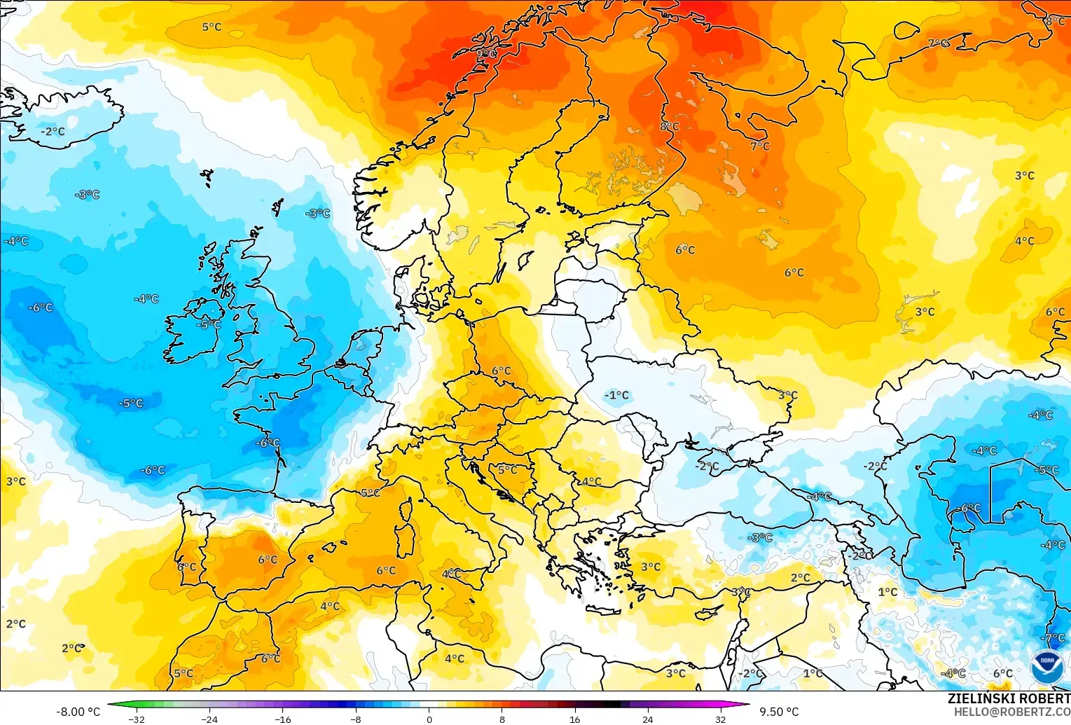GFS modelo - Europa, Anomalía de temperatura a 850 hPa