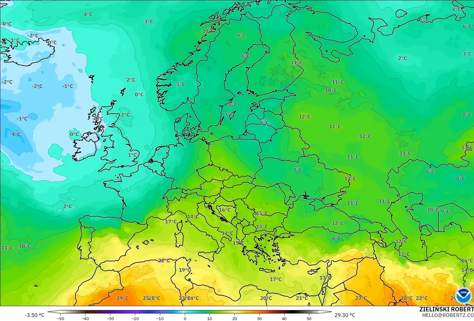 GFS modelo - Europa, Temperatura a 850 hPa