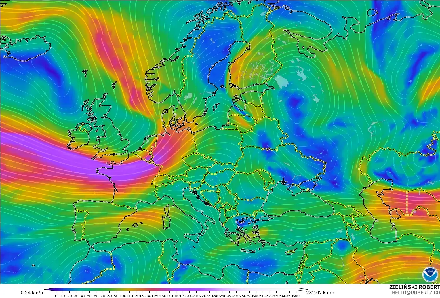 GFS modelo - Europa, Viento a 300 hPa (corriente en chorro)
