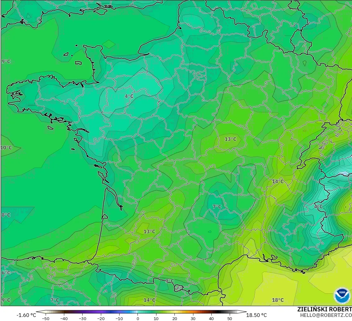 GFS modelo - Francia, Punto de rocío a 2 m