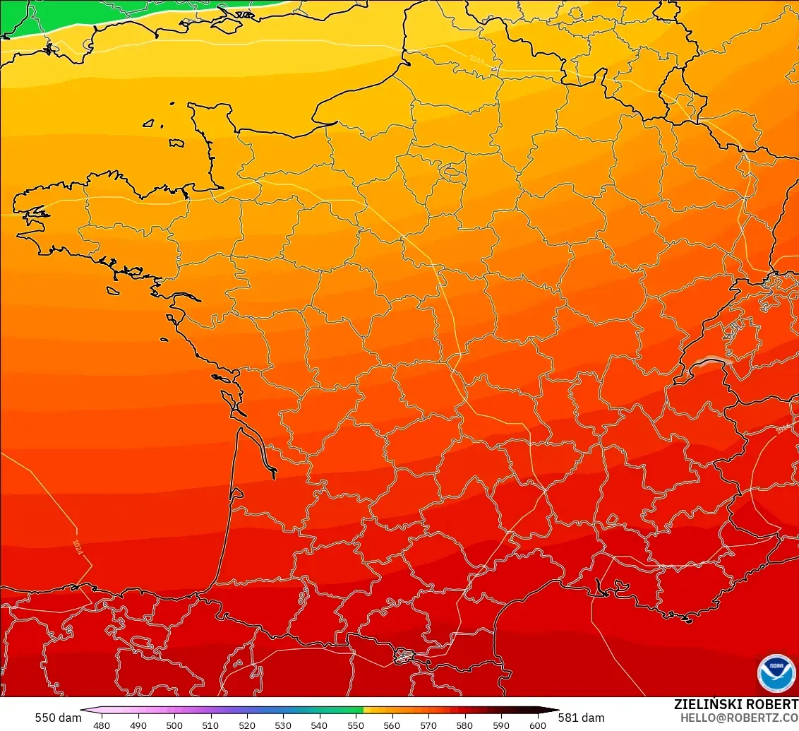 GFS modelo - Francia, Altura geopotencial a 500 hPa