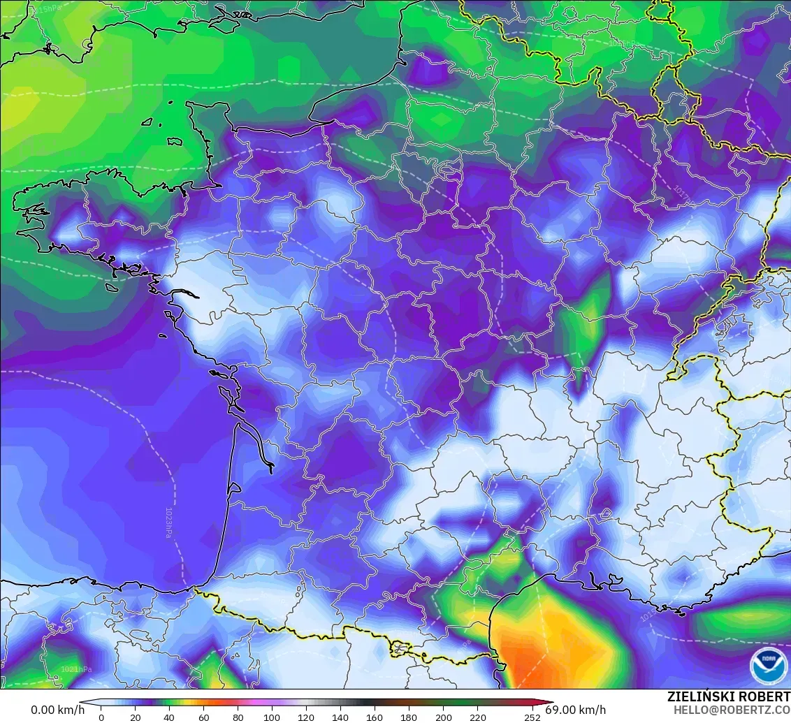 GFS modelo - Francia, Ráfagas de viento