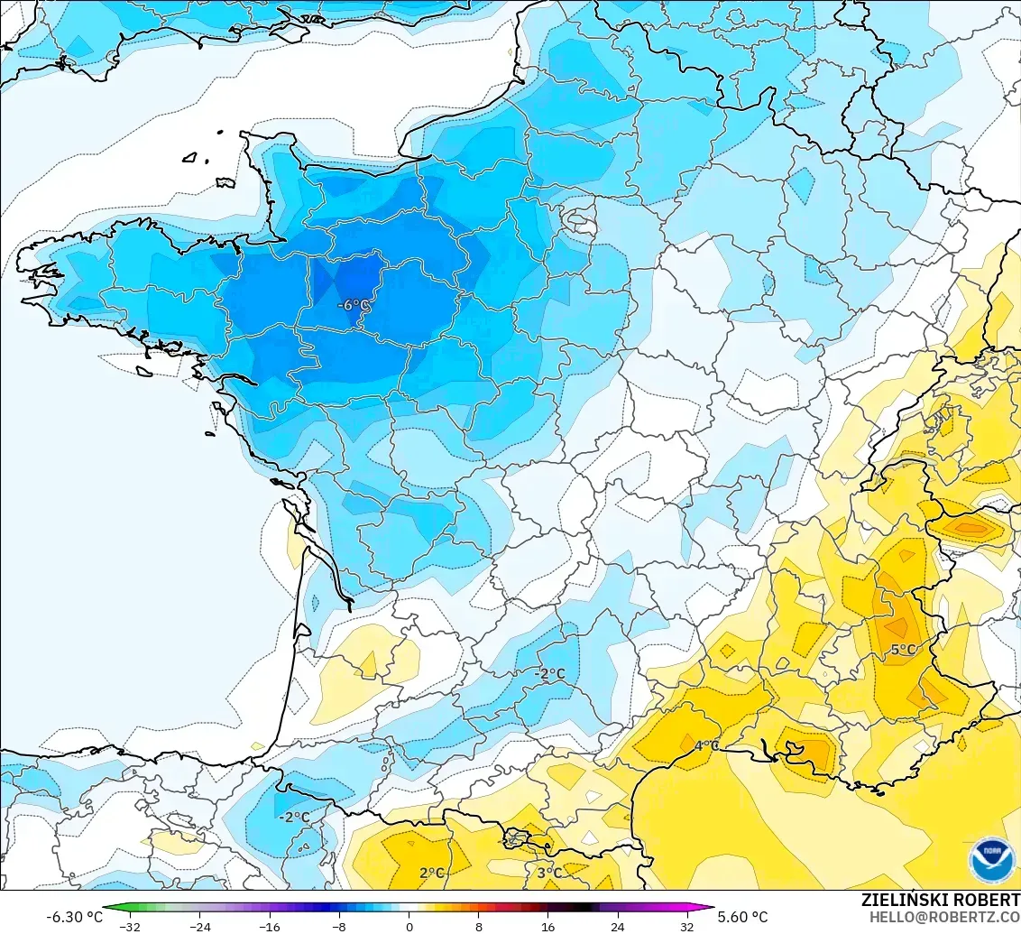 GFS modelo - Francia, Anomalía de temperatura a 2 m