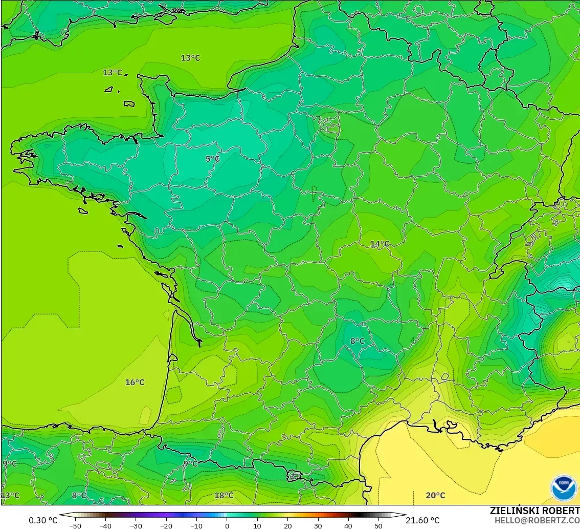 GFS modelo - Francia, Temperatura a 2 m