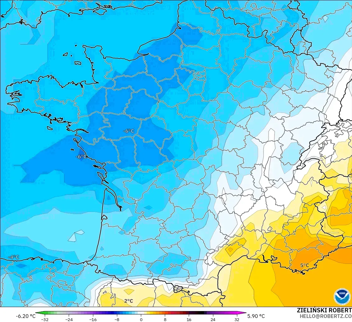 GFS modelo - Francia, Anomalía de temperatura a 850 hPa