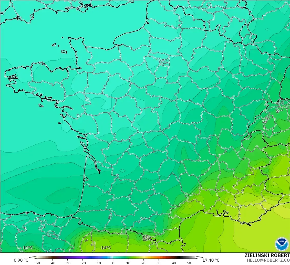 GFS modelo - Francia, Temperatura a 850 hPa