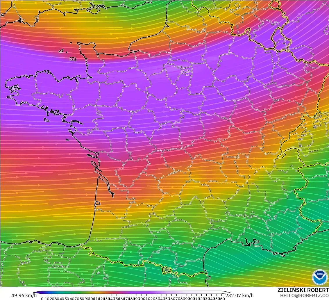 GFS modelo - Francia, Viento a 300 hPa (corriente en chorro)