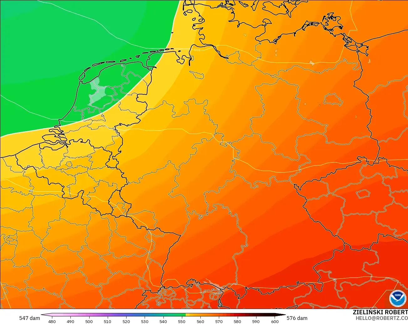 GFS modelo - Alemania, Altura geopotencial a 500 hPa