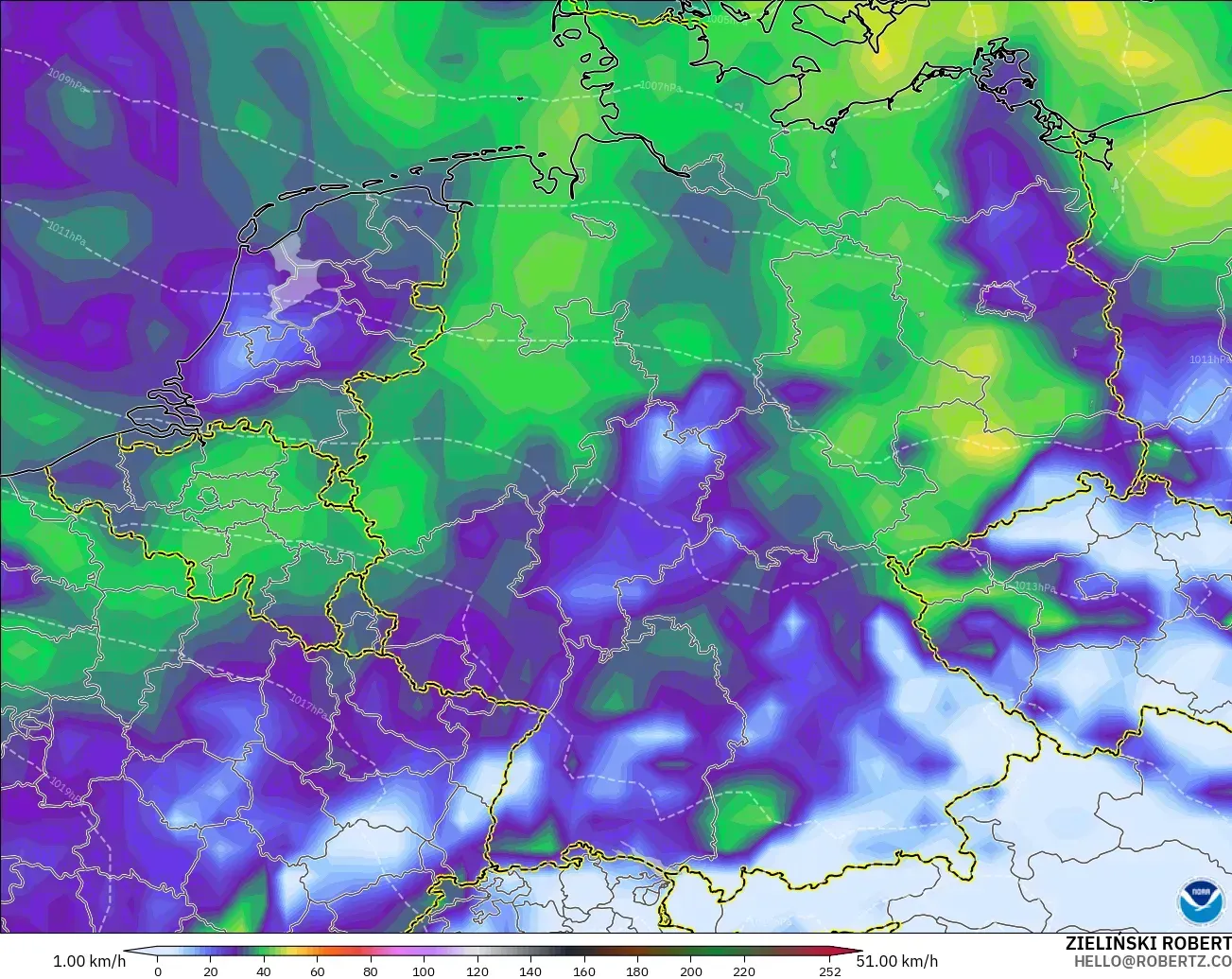 GFS modelo - Alemania, Ráfagas de Viento Máximas